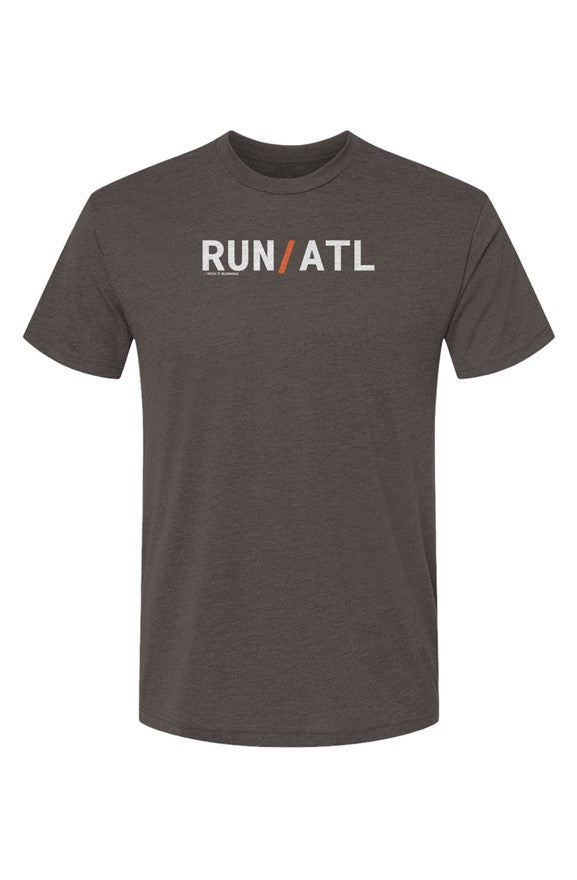 brown t-shirt with words RUN / ATL in white with orange slash separating the words