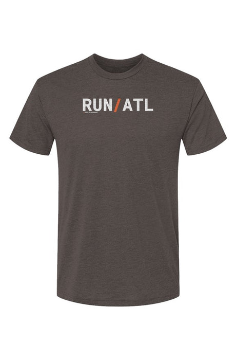brown t-shirt with words RUN / ATL in white with orange slash separating the words