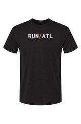 dark grey t-shirt with words RUN / ATL in white with orange slash separating the words