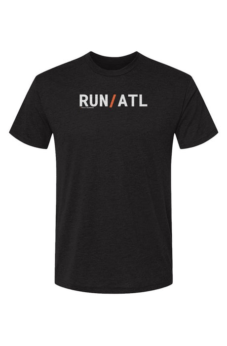 dark grey t-shirt with words RUN / ATL in white with orange slash separating the words
