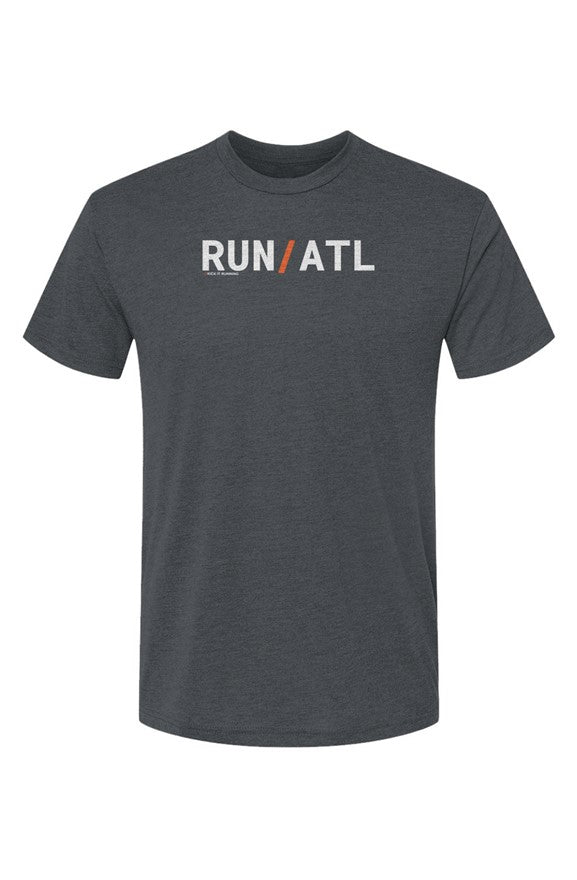 indigo blue t-shirt with words RUN / ATL in white with orange slash separating the words