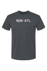 indigo blue t-shirt with words RUN / ATL in white with orange slash separating the words
