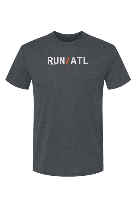 indigo blue t-shirt with words RUN / ATL in white with orange slash separating the words