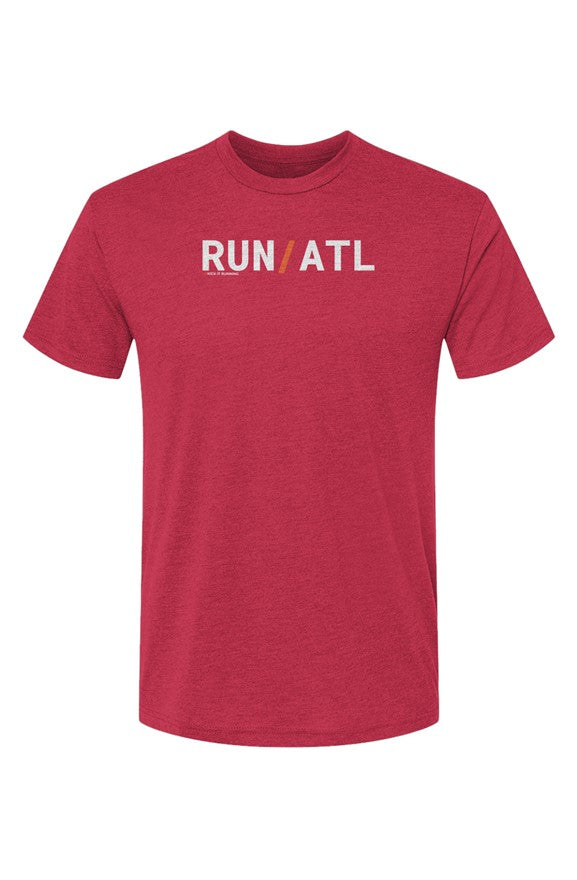 red t-shirt with words RUN / ATL in white with orange slash separating the words