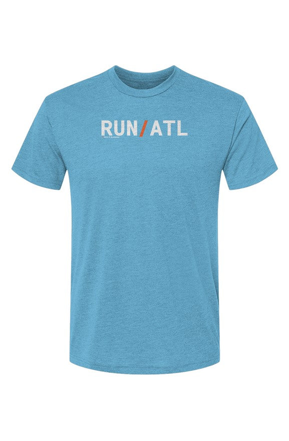 blue t-shirt with words RUN / ATL in white with orange slash separating the words