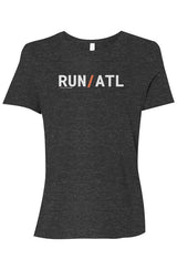 dark grey t-shirt with words RUN / ATL in white with orange slash separating the words