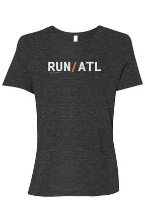 dark grey t-shirt with words RUN / ATL in white with orange slash separating the words