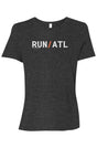 dark grey t-shirt with words RUN / ATL in white with orange slash separating the words