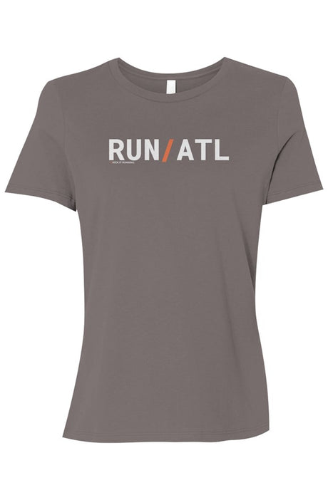 brown t-shirt with words RUN / ATL in white with orange slash separating the words