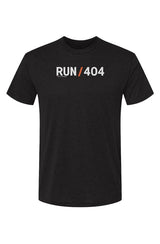 dark grey t-shirt with words RUN / 404 in white with orange slash separating the words