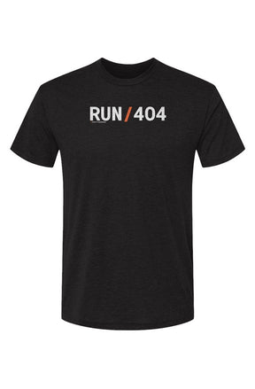 dark grey t-shirt with words RUN / 404 in white with orange slash separating the words