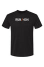 dark grey t-shirt with words RUN / 404 in white with orange slash separating the words