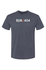 slate blue t-shirt with words RUN / 404 in white with orange slash separating the words