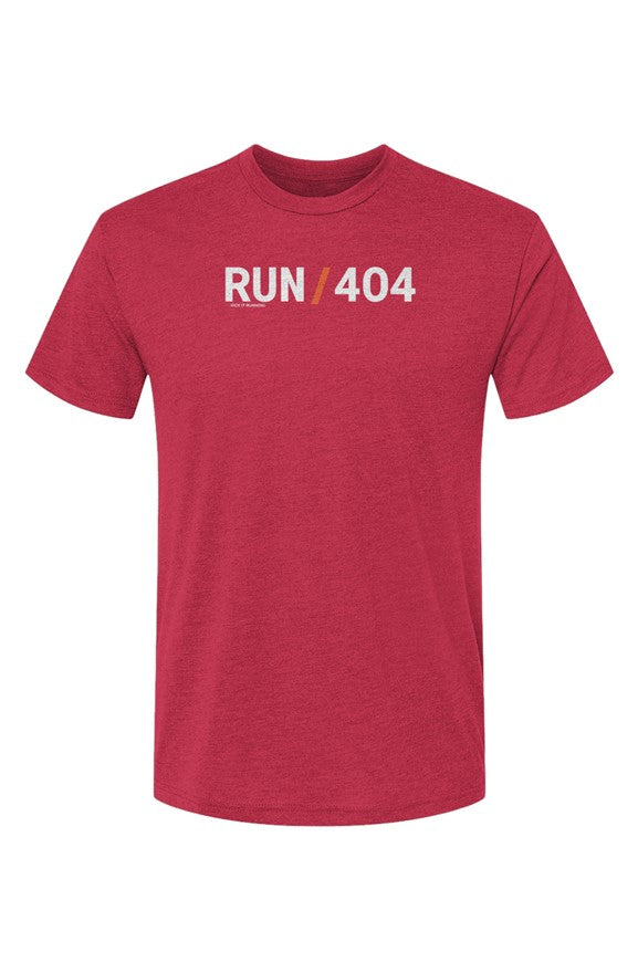 red t-shirt with words RUN / 404 in white with orange slash separating the words