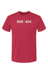 red t-shirt with words RUN / 404 in white with orange slash separating the words