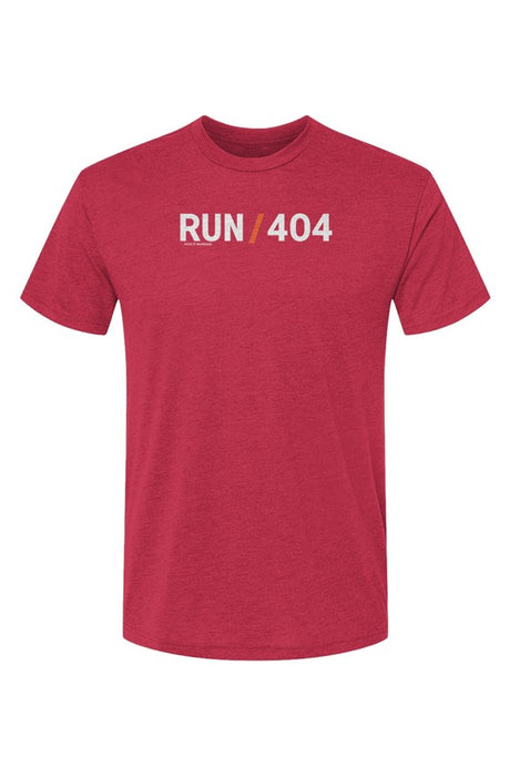red t-shirt with words RUN / 404 in white with orange slash separating the words