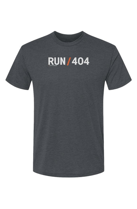 indigo blue t-shirt with words RUN / 404 in white with orange slash separating the words