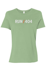 light green t-shirt with words RUN / 404 in white with orange slash separating the words