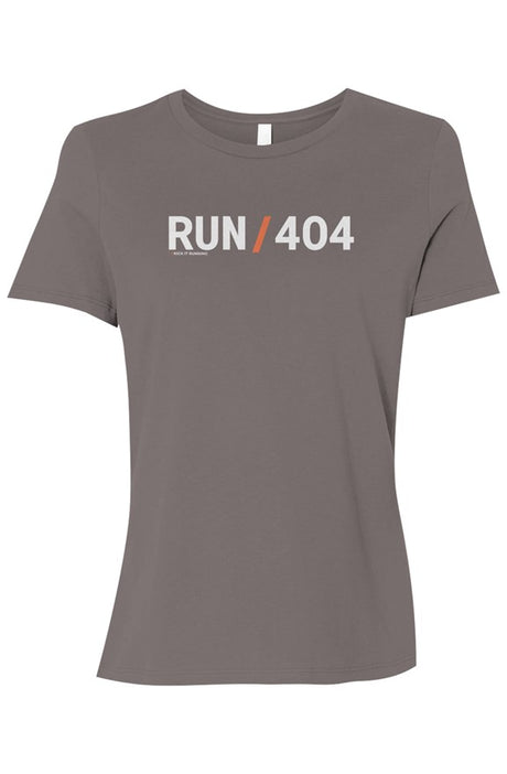 brown t-shirt with words RUN / 404 in white with orange slash separating the words