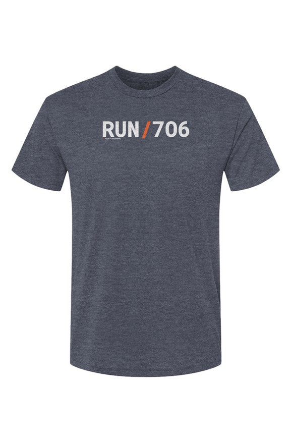 slate blue t-shirt with words RUN / 706 in white with orange slash separating the words