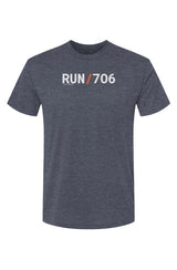 slate blue t-shirt with words RUN / 706 in white with orange slash separating the words