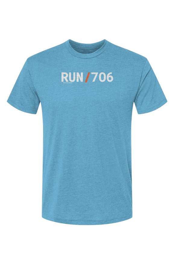 blue t-shirt with words RUN / 706 in white with orange slash separating the words