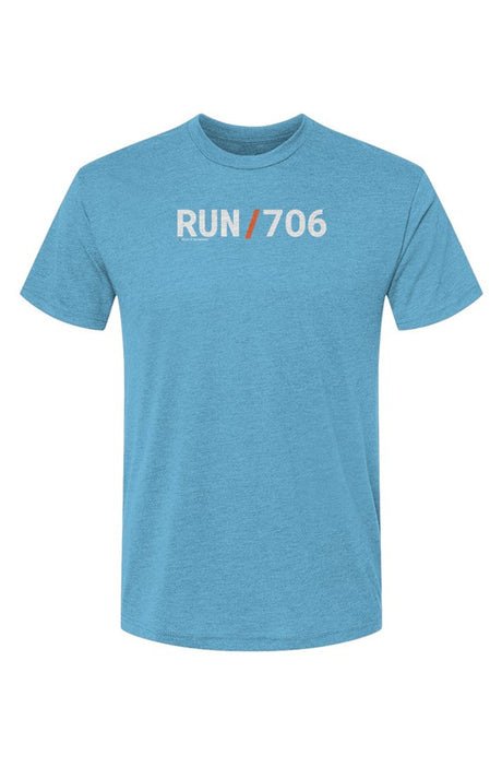 blue t-shirt with words RUN / 706 in white with orange slash separating the words