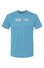 blue t-shirt with words RUN / 706 in white with orange slash separating the words