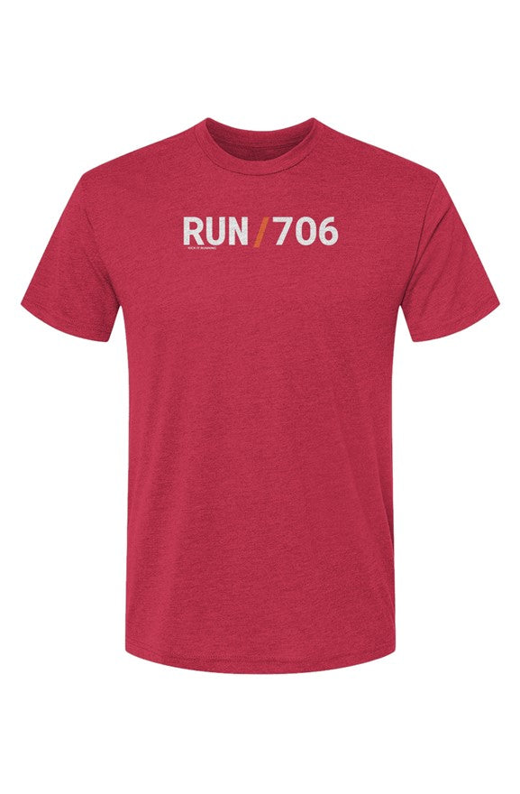 red t-shirt with words RUN / 706 in white with orange slash separating the words