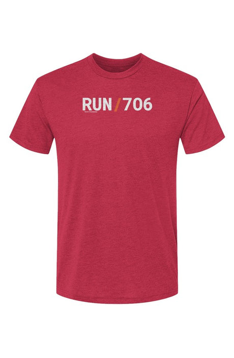 red t-shirt with words RUN / 706 in white with orange slash separating the words