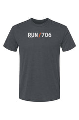 indigo blue t-shirt with words RUN / 706 in white with orange slash separating the words