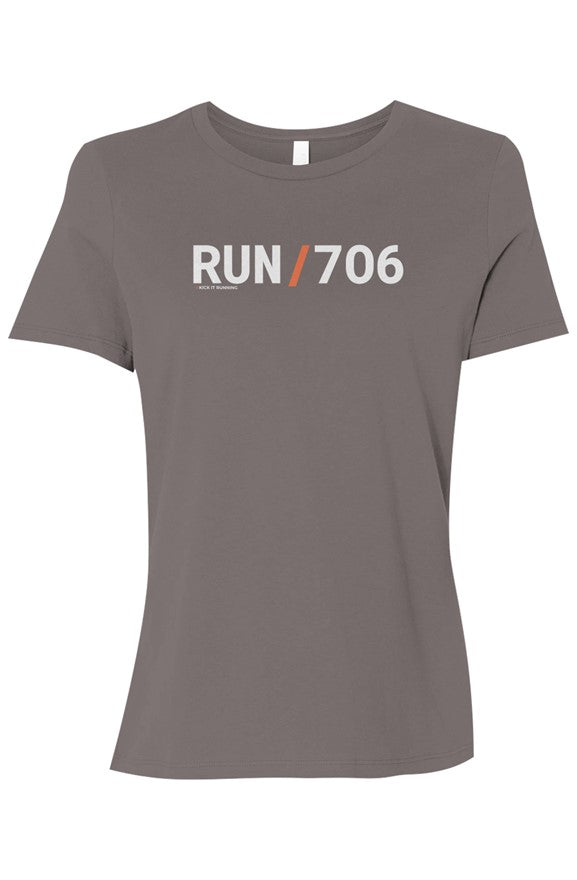 brown t-shirt with words RUN / 706 in white with orange slash separating the words