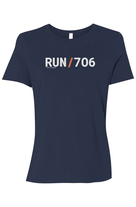 navy t-shirt with words RUN / 706 in white with orange slash separating the words