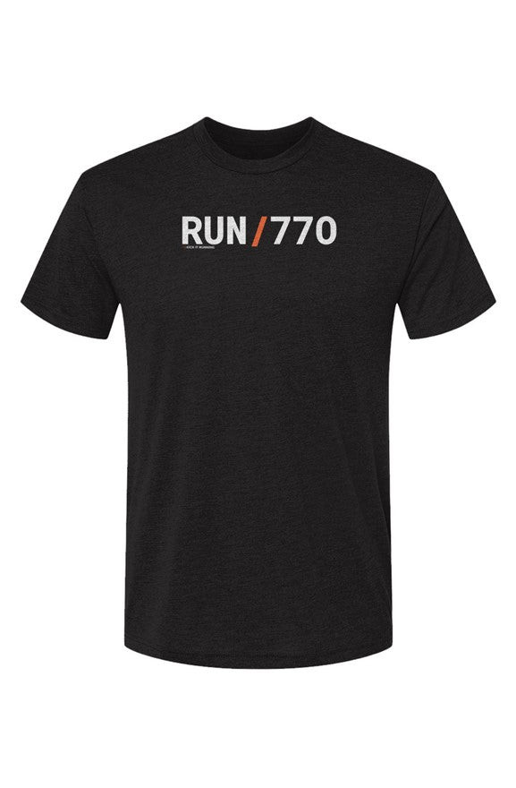 dark grey t-shirt with words RUN / 770 in white with orange slash separating the words