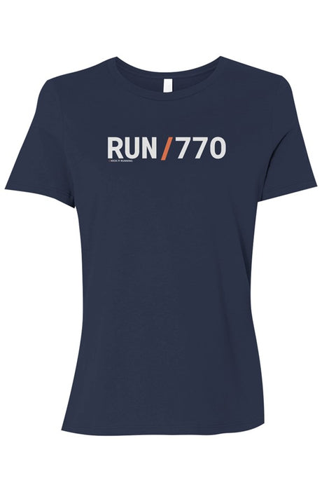 navy t-shirt with words RUN / 770 in white with orange slash separating the words