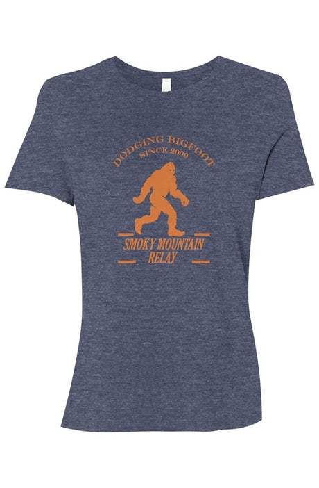 heather blue t-shirt with an orange graphic of Bigfoot and Smoky Mountain Relay in text below it