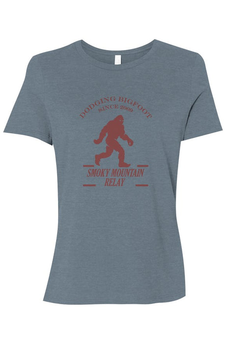 slate blue t-shirt with a maroon graphic of Bigfoot and Smoky Mountain Relay in text below it