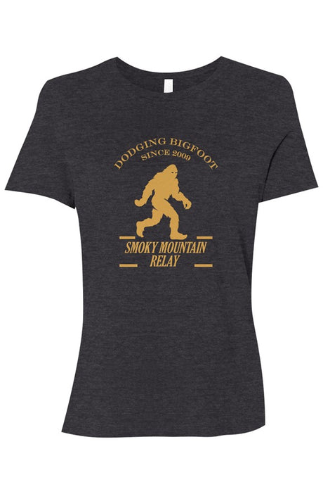 dark grey t-shirt with a dark gold graphic of Bigfoot and Smoky Mountain Relay in text below it