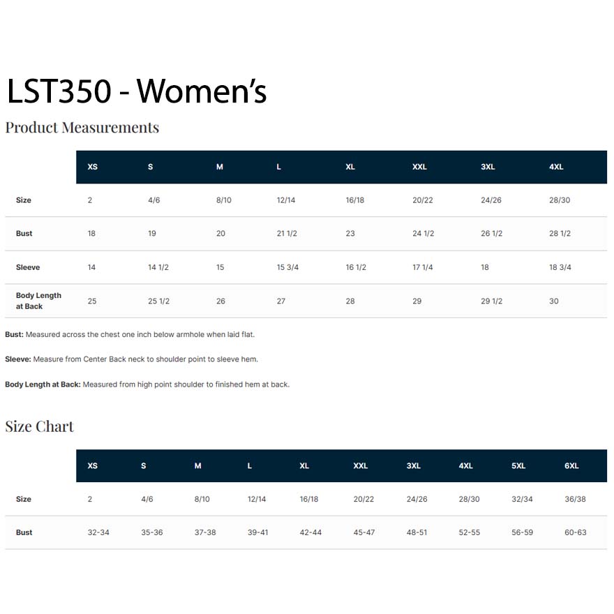 Size chart for women's clothing LST350 with measurements in inches and centimeters.