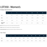Size chart for women's clothing LST350 with measurements in inches and centimeters.
