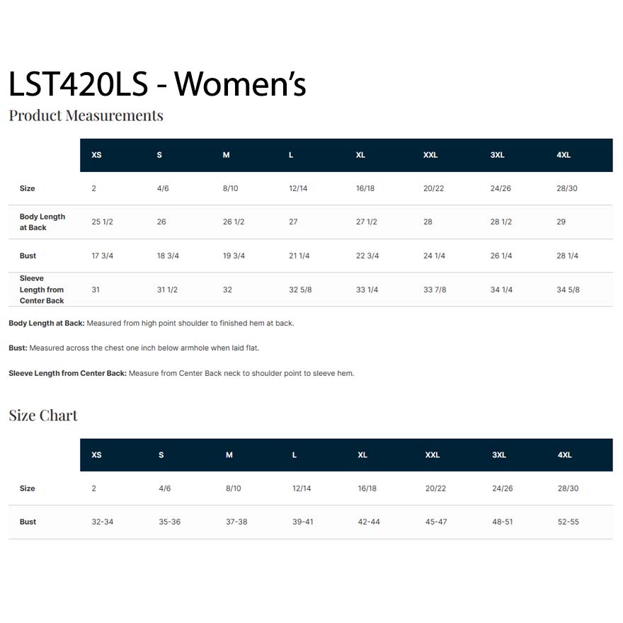 Product measurements chart for women's clothing with size chart LST420LS on a white background