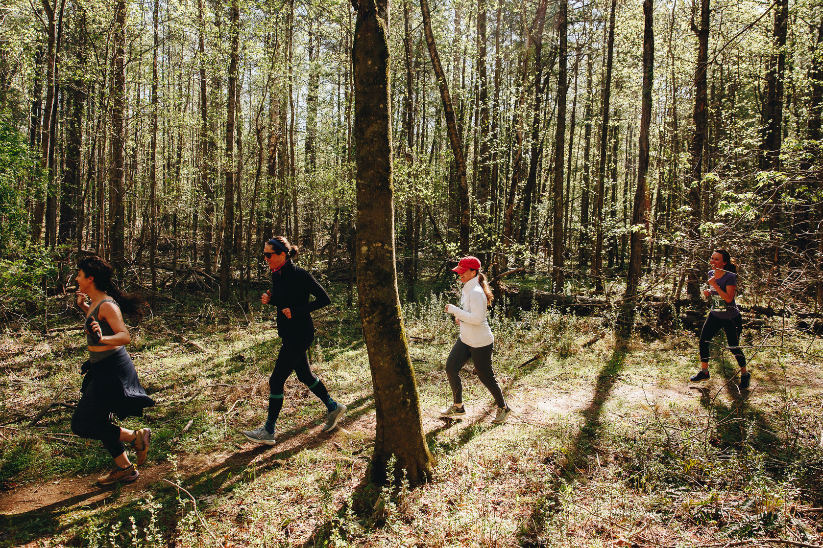 Four people running through a forest on a sunny day