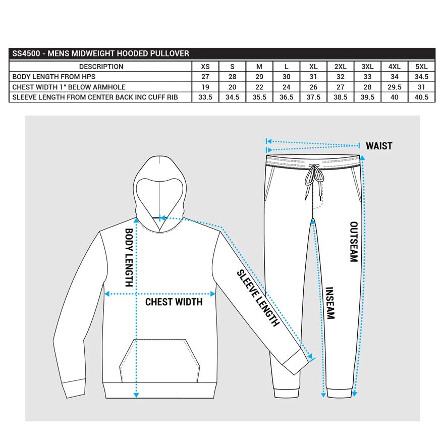 Measurement chart for a men's midweight hooded pullover SS4500 with a diagram of the garment and labeled measurements.