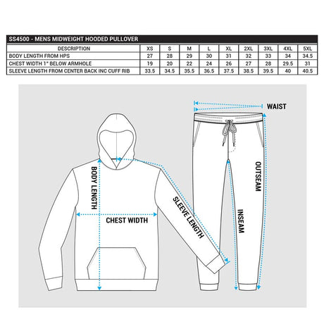 Measurement chart for a men's midweight hooded pullover SS4500 with a diagram of the garment and labeled measurements.
