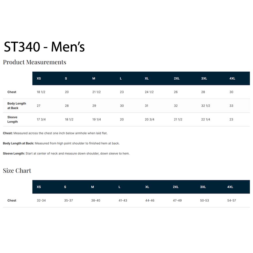 Men's product measurements chart with size chart for ST340 on a white background