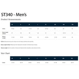 Men's product measurements chart with size chart for ST340 on a white background