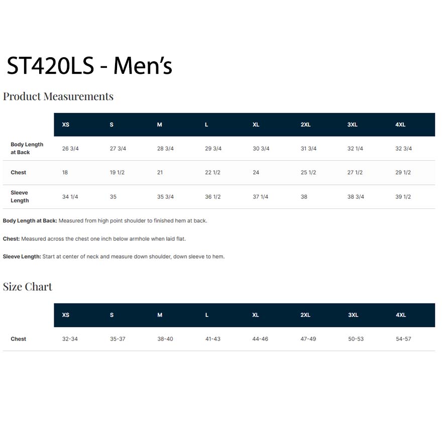 Men's product measurements chart with size chart for ST420LS on a white background