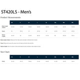 Men's product measurements chart with size chart for ST420LS on a white background