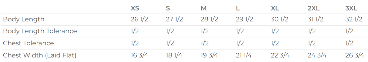 Measurement chart for body dimensions with labeled sizes and tolerances.