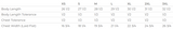 Measurement chart for body dimensions with labeled sizes and tolerances.
